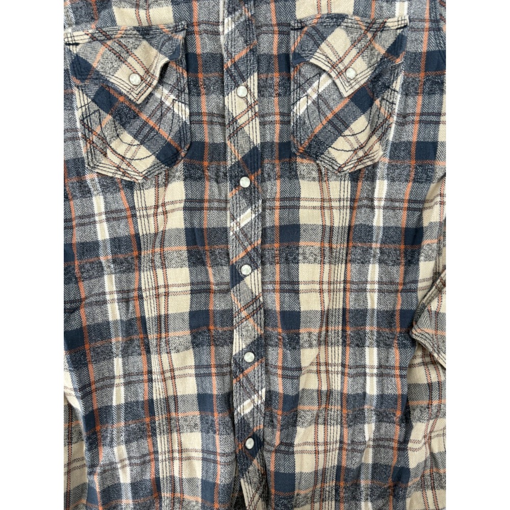 True Religion Mens Plaid Western Flannel Shirt Pearl Snap Blue Orange Large - Picture 5 of 6